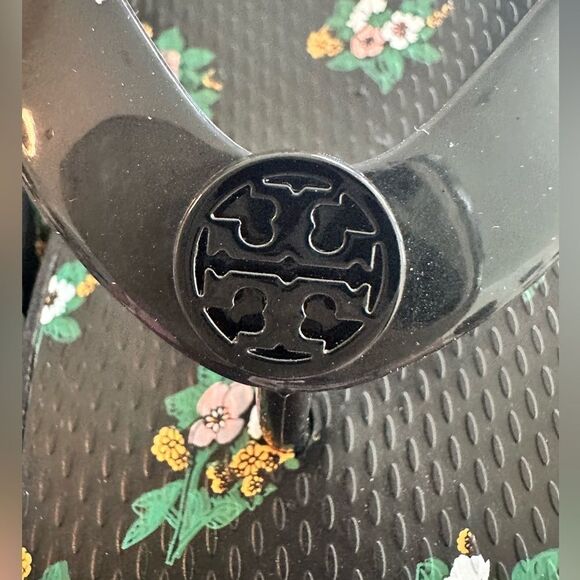 Tory Burch Black Floral Wedge Flip Flops - Picture 3 of 5